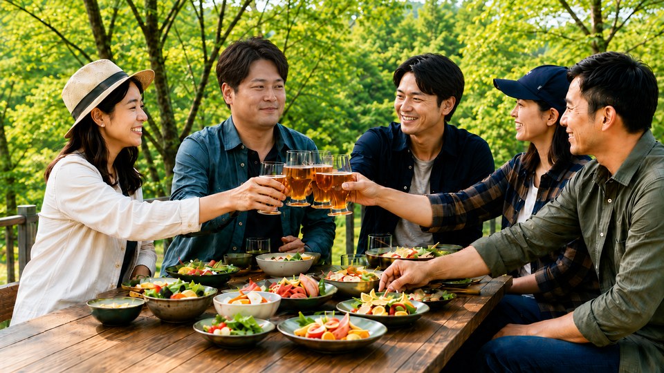新緑の中で乾杯して交流する会員の様子